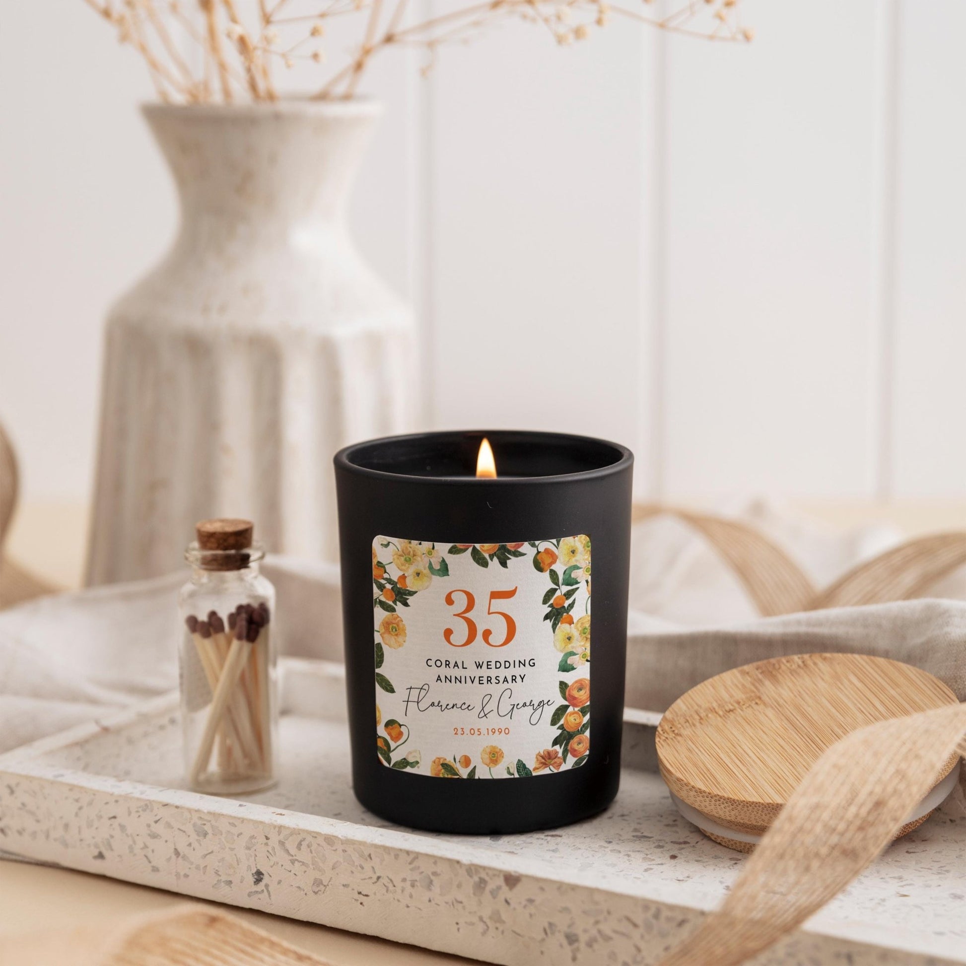 35th Coral Wedding Anniversary Candle Personalised Floral Gift for Couple Parents Grandparents or Friend with Names Date 35 Anniversary Gift