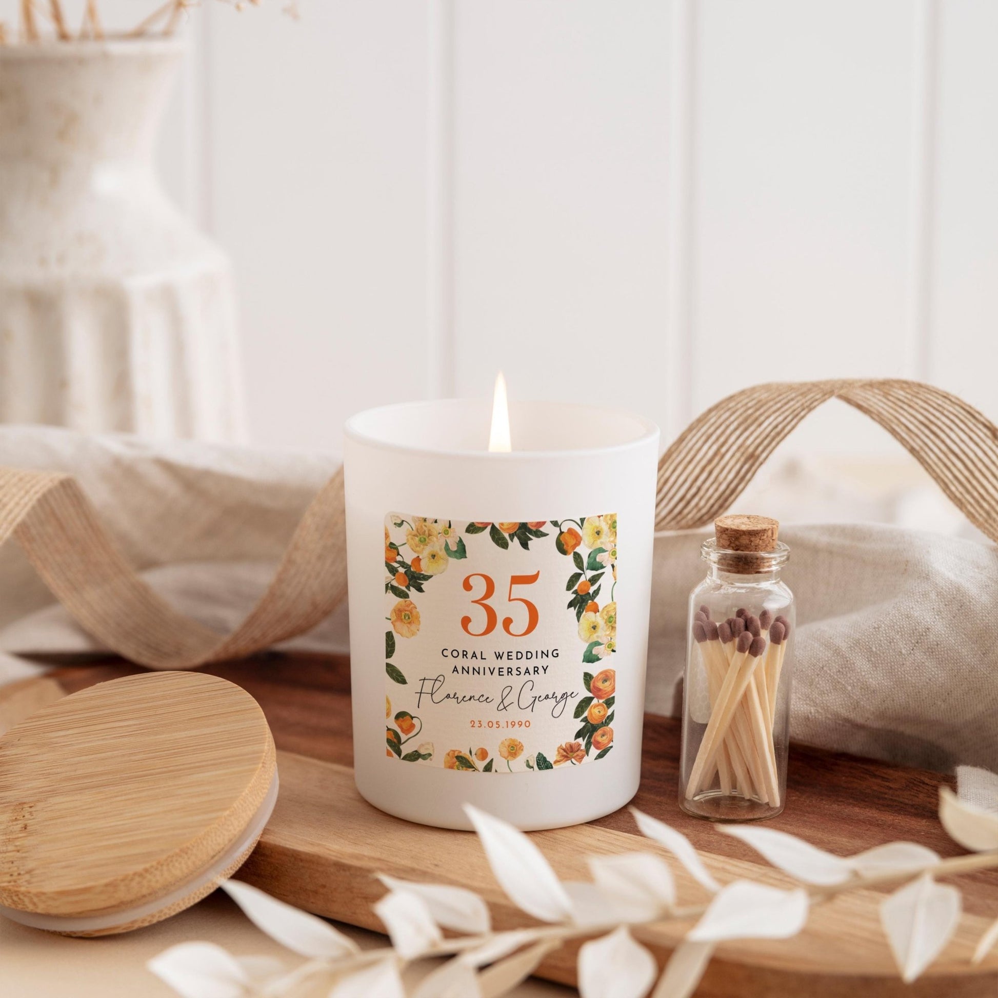 35th Coral Wedding Anniversary Candle Personalised Floral Gift for Couple Parents Grandparents or Friend with Names Date 35 Anniversary Gift