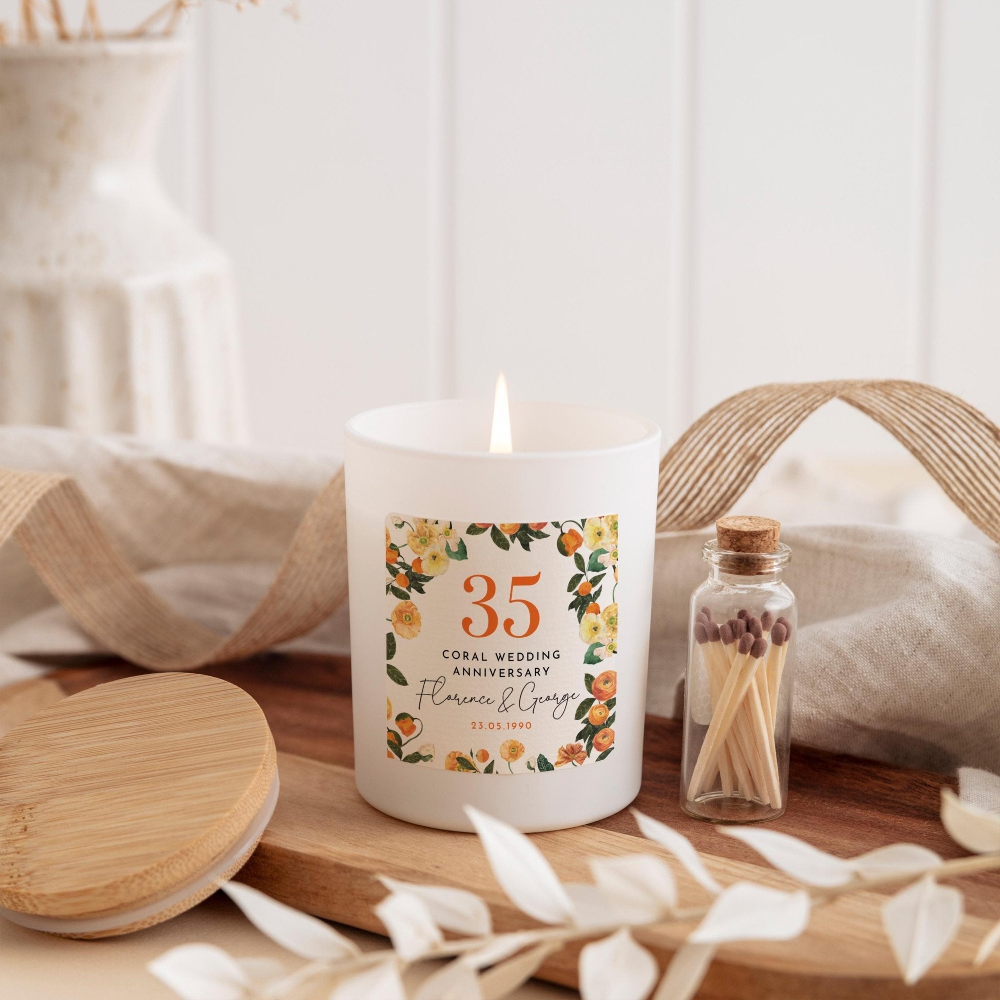 35th Coral Wedding Anniversary Candle Personalised Floral Gift for Couple Parents Grandparents or Friend with Names Date 35 Anniversary Gift