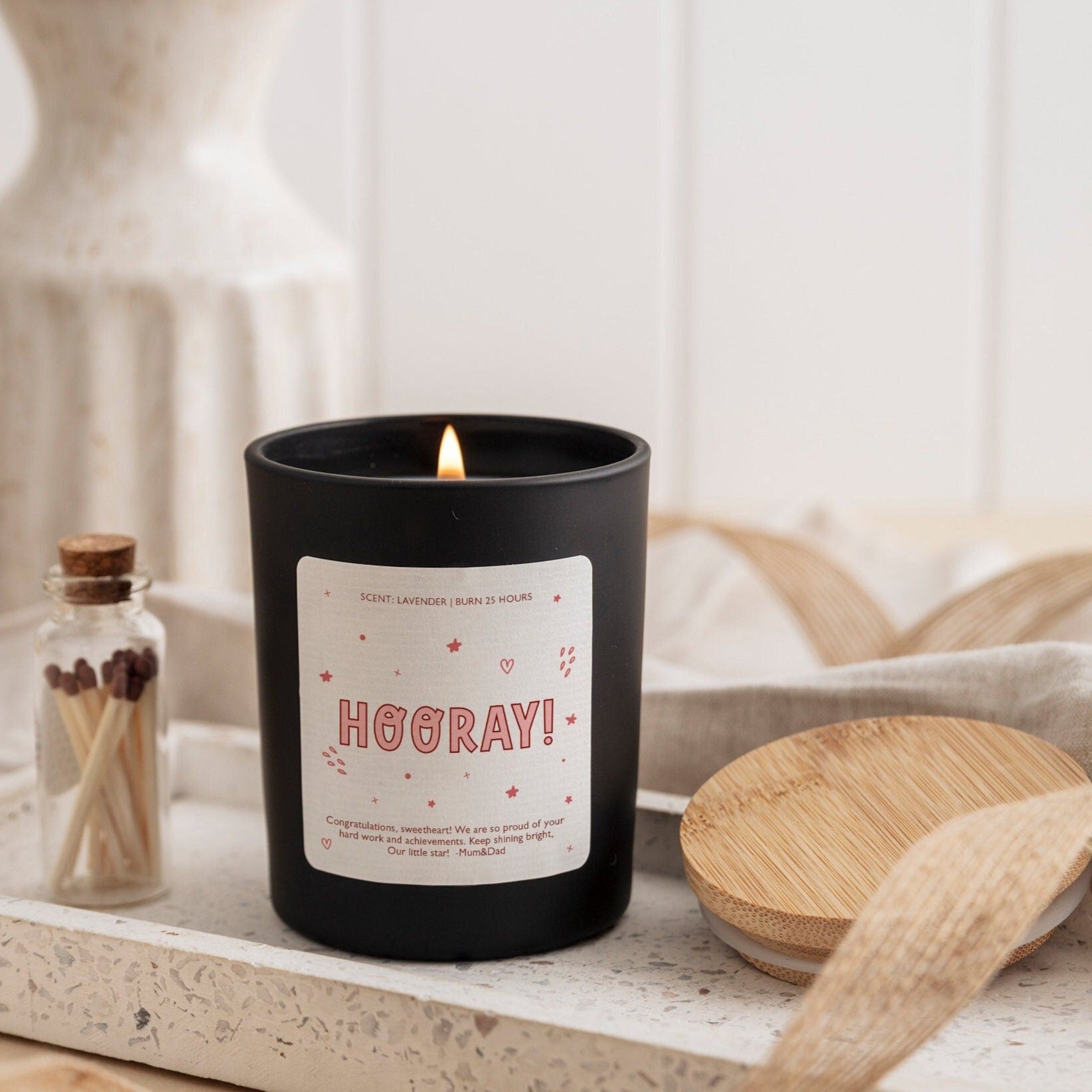 Hooray scented candle with your text Personalised graduation gift for her him Well Done Proud Of You Congratulations Gift For Her , New Job happyinky