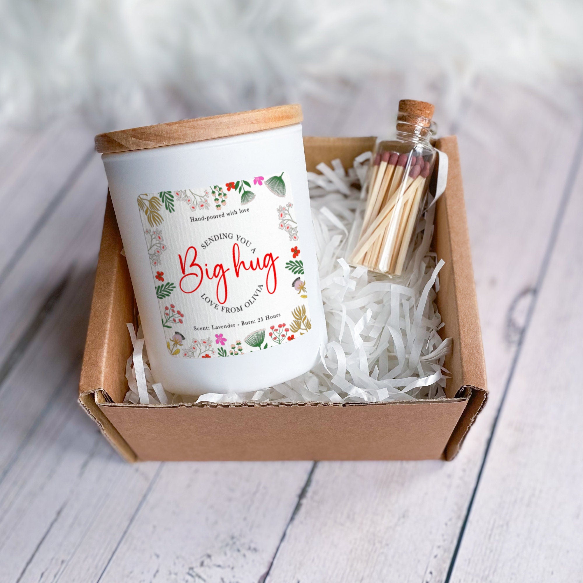 Personalised sending you a big hug candle Gift for Her Him Floral design candle Thinking of you gifts Gift for friend Get Well Soon Sympathy happyinky