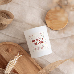 So proud of you scented candle with your text Personalised graduation gift for her him Well Done GCSE result Congratulations Gift New Job happyinky