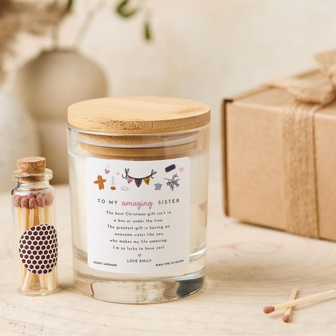 Amazing Sister Personalised Christmas Candle Gift for Sister Festive Keepsake Present with Heartfelt Message Vegan Soy Wax