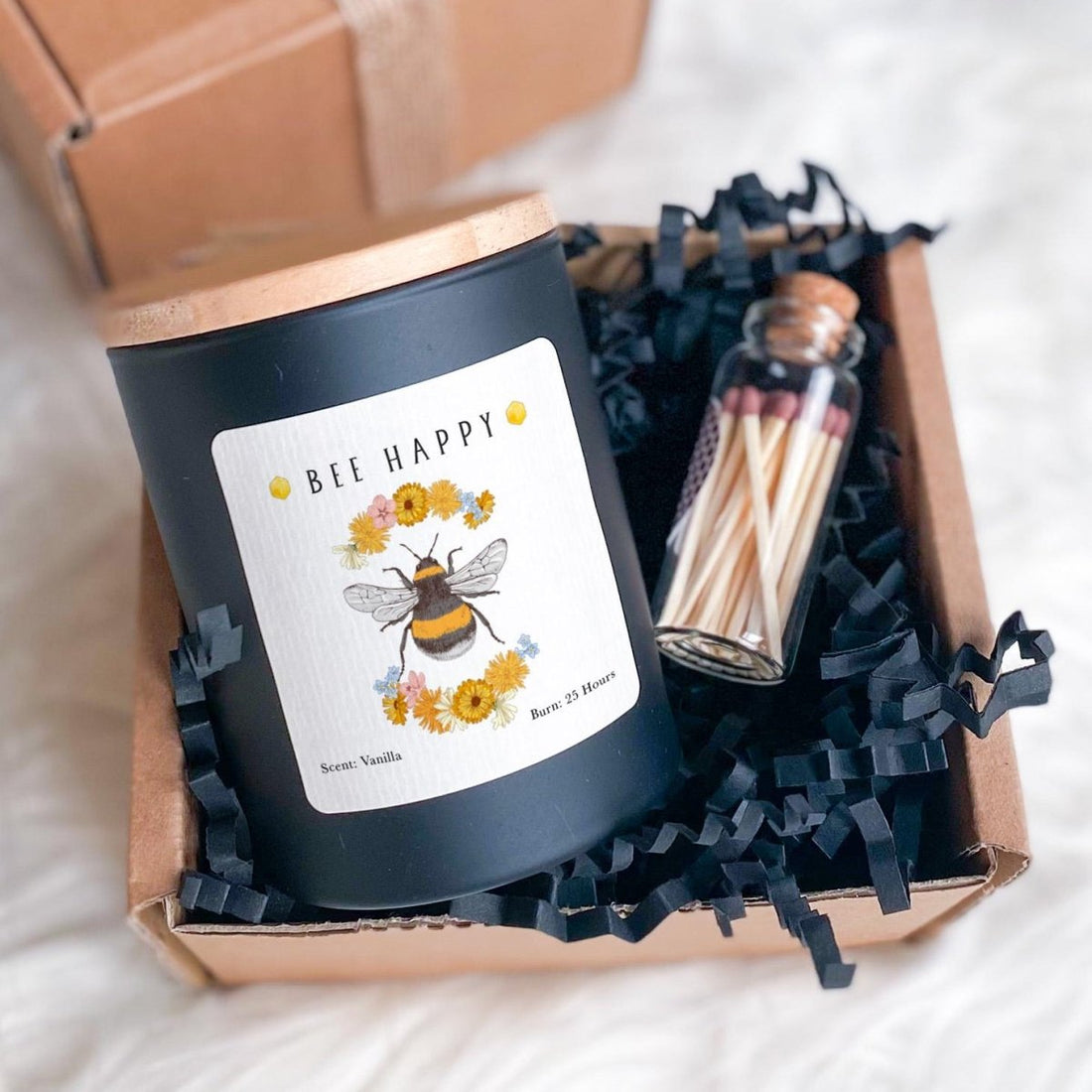 Bee Happy Soy Wax Candle, Bumble Bee Floral Decor, Vanilla Scent (25 Hours)