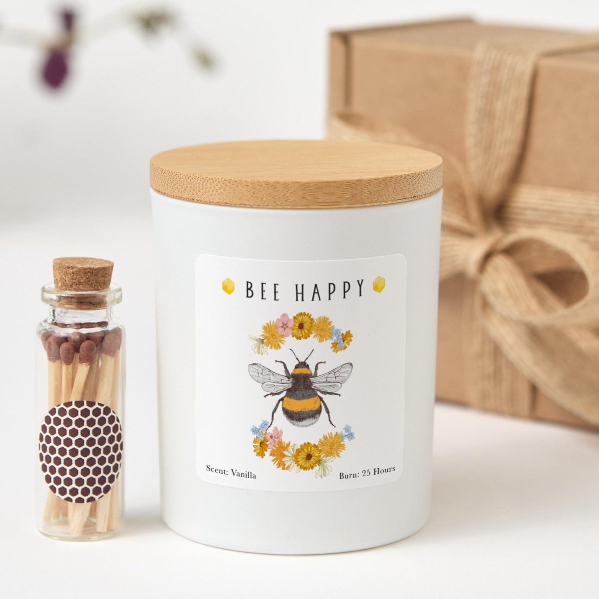Bee Happy Soy Wax Candle, Bumble Bee Floral Decor, Vanilla Scent (25 Hours)