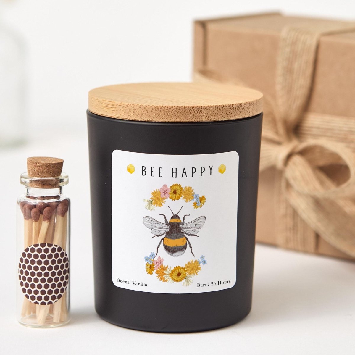 Bee Happy Soy Wax Candle, Bumble Bee Floral Decor, Vanilla Scent (25 Hours)