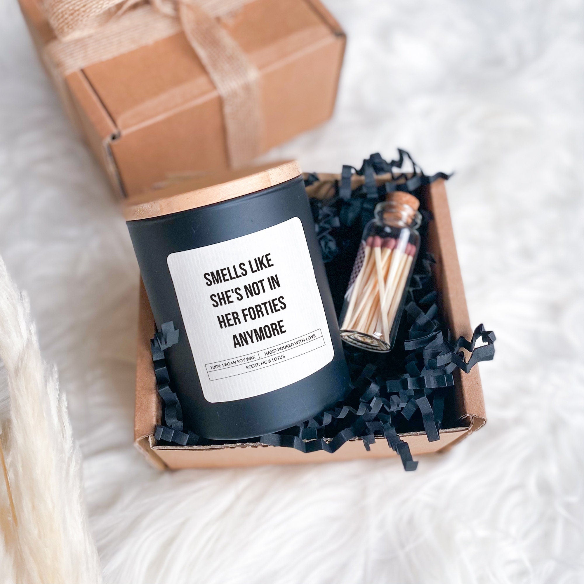 Birthday Candle, Funny Gift Box for Her Him, Smells like she, he is not in her, him forties anymore, 20th 30th 40th 50th 60th Present