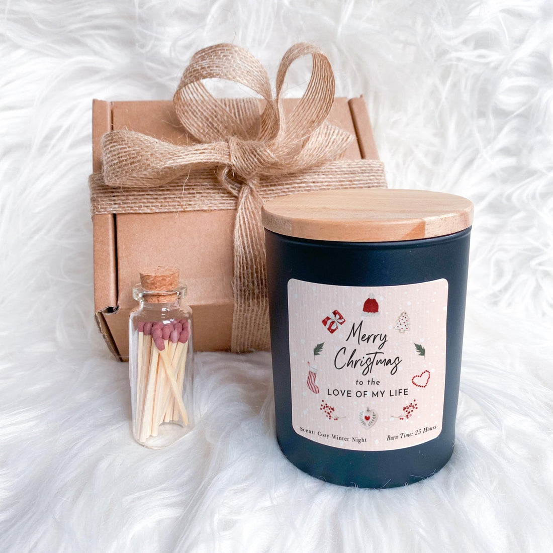 Christmas Candle Gift for Boyfriend Girlfriend Fiancé Wife or Husband Vegan Soy Wax Free Gift Box and Mini Matches Jar