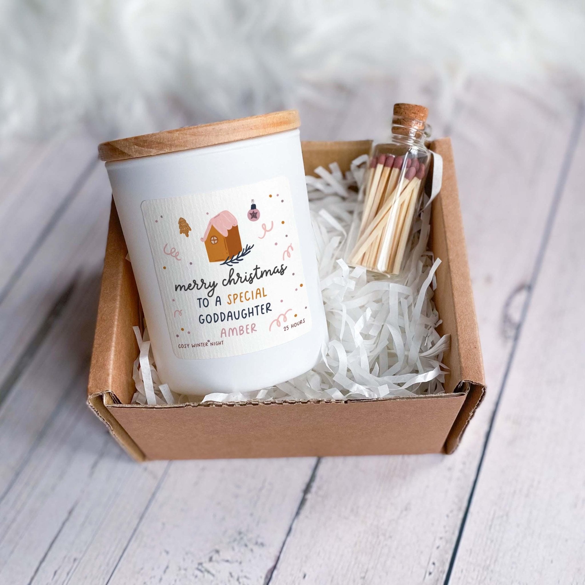 Christmas Candle Gift for Goddaughter Vegan Soy Wax Free Gift Package and Mini Matches Jar