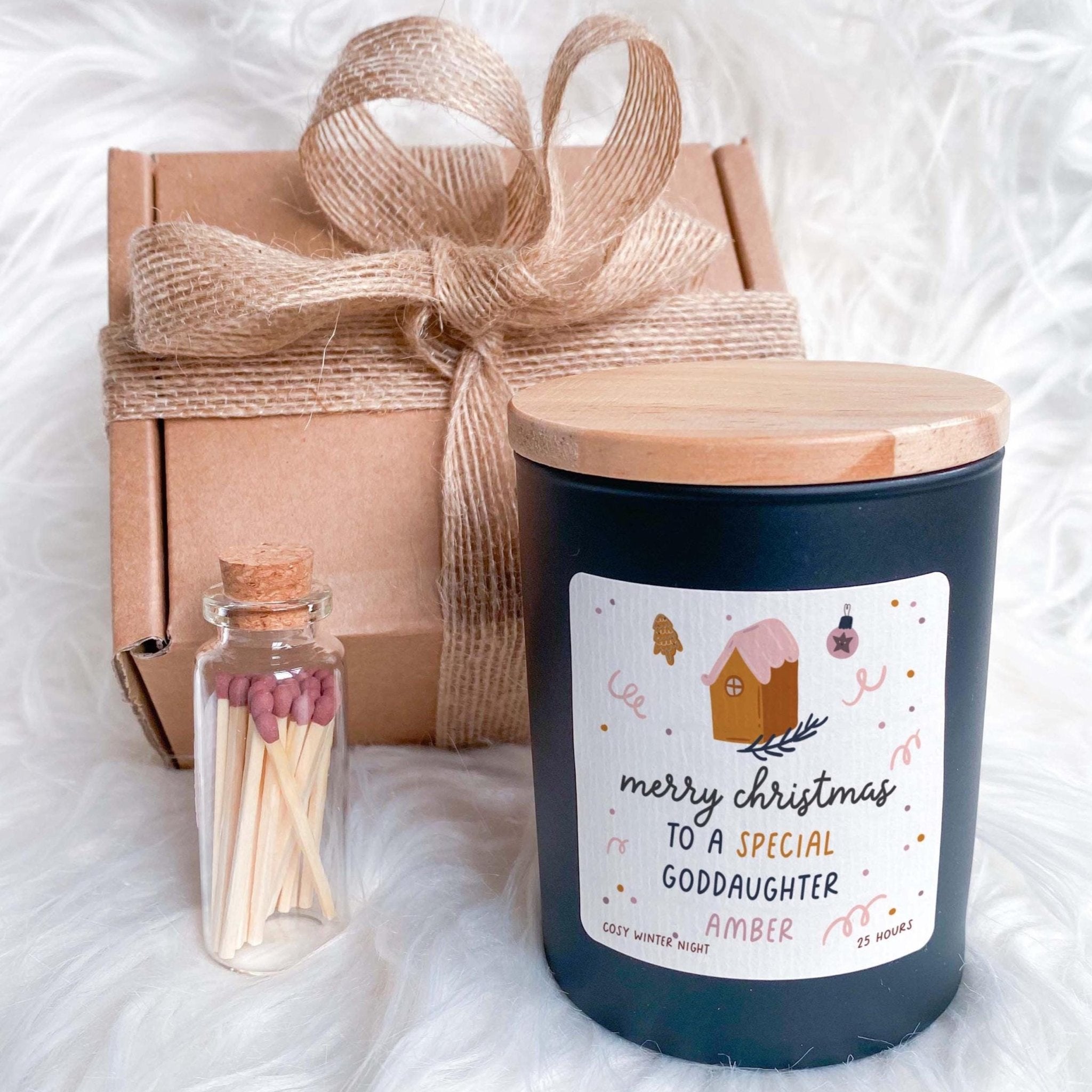 Christmas Candle Gift for Goddaughter Vegan Soy Wax Free Gift Package and Mini Matches Jar