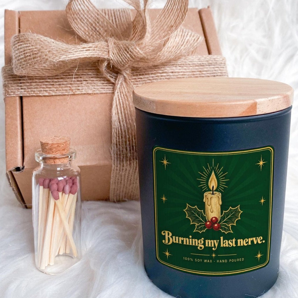 Christmas Candle Gift with Ribbon Tied Gift Box and Matches Jar Retro Sarcastic Holiday