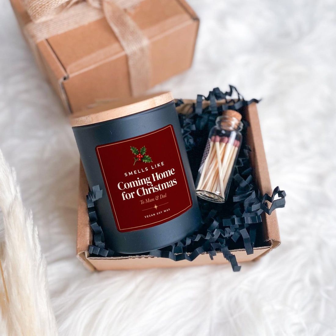 Christmas Candle with Ribbon Tied Box with Matches Jar Gift for Mum & Dad