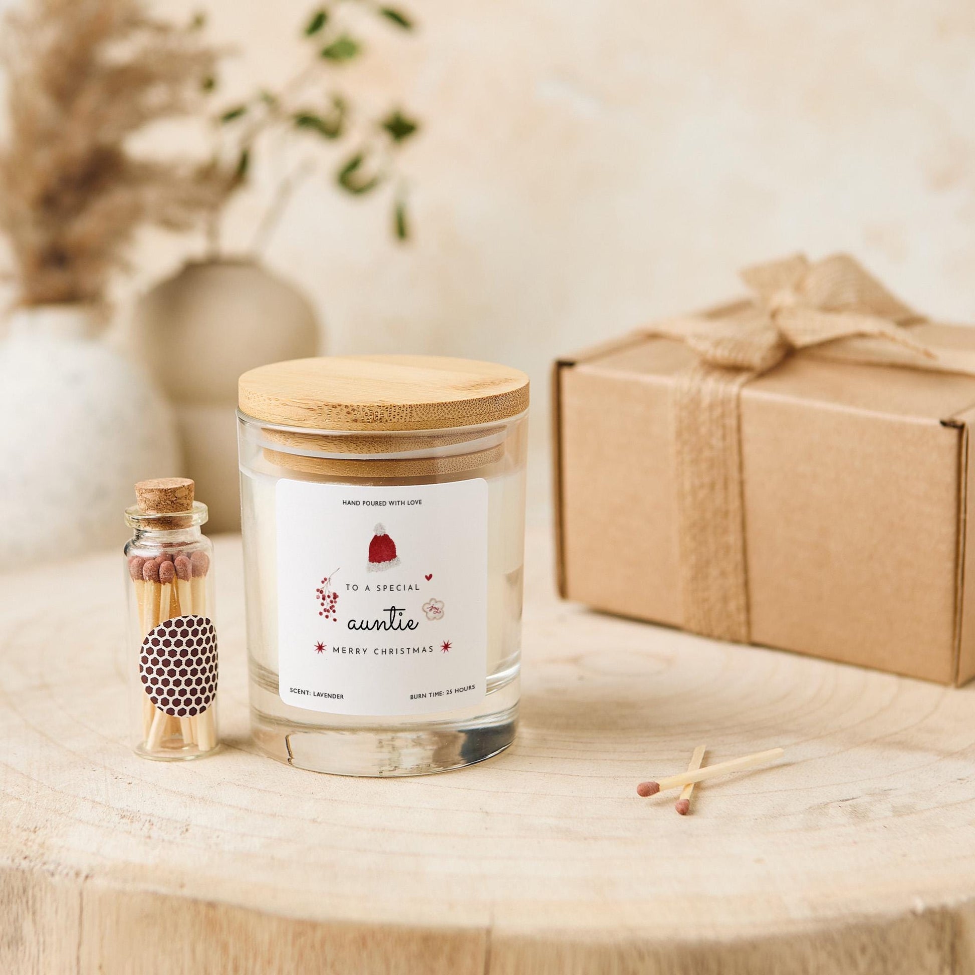Christmas Gift for Auntie Vegan Soy Wax Candle with Bamboo Lid Free Gift Package with Mini Matches Jar