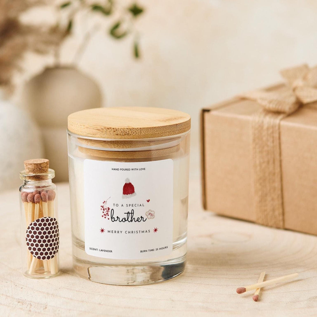 Christmas Gift for Brother Vegan Soy Wax Candle with Bamboo Lid Free Gift Package with Mini Matches Jar