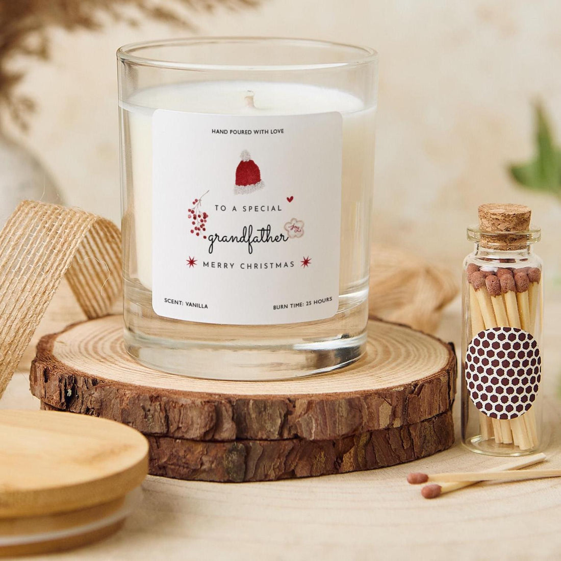 Christmas gift for Grandfather Vegan Soy Wax Candle with Bamboo Lid Free Gift Package with Mini Matches Jar