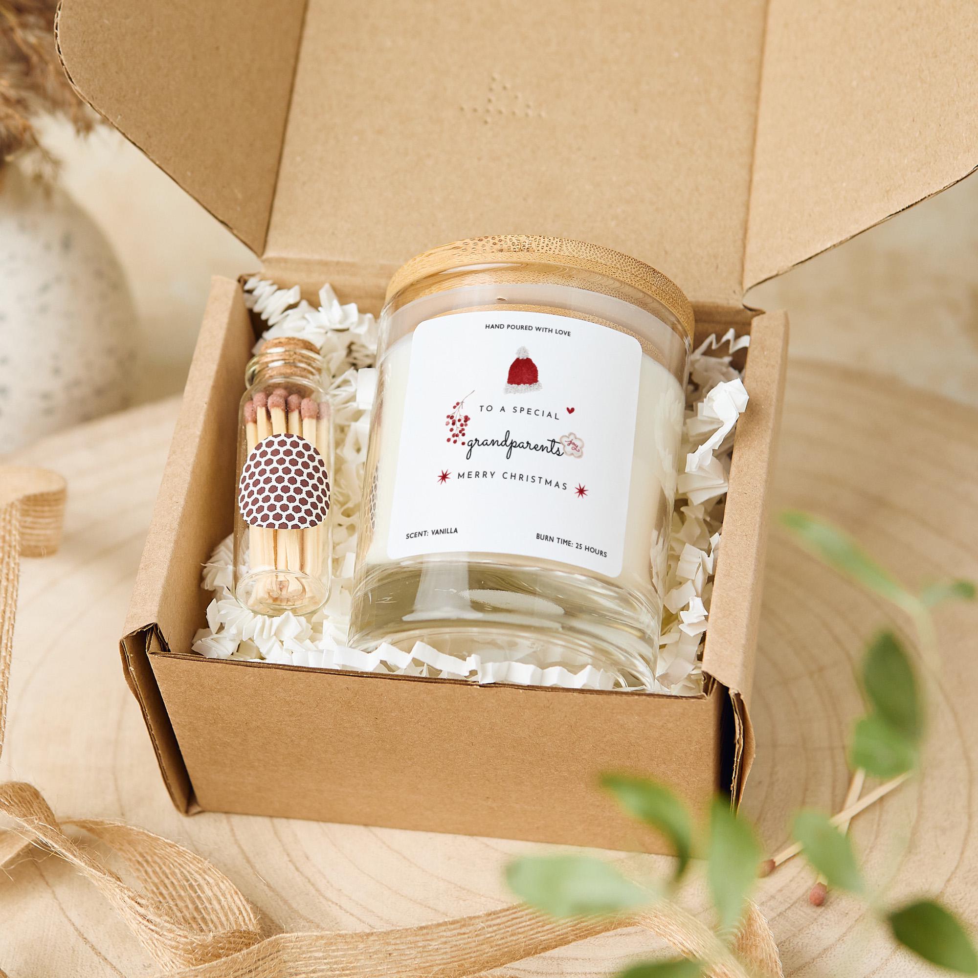 Christmas Gift for Grandparents Grandma Grandad Vegan Soy Wax Candle with Bamboo Lid - Free Gift Package with Mini Matches Jar