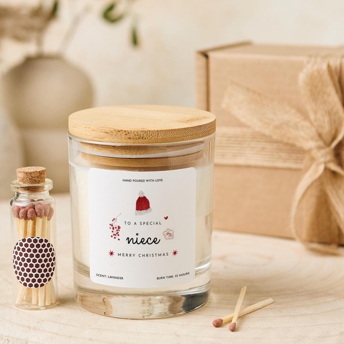 Christmas gift for Niece Vegan Soy Wax Candle with Bamboo Lid Free Gift Package with Mini Matches Jar