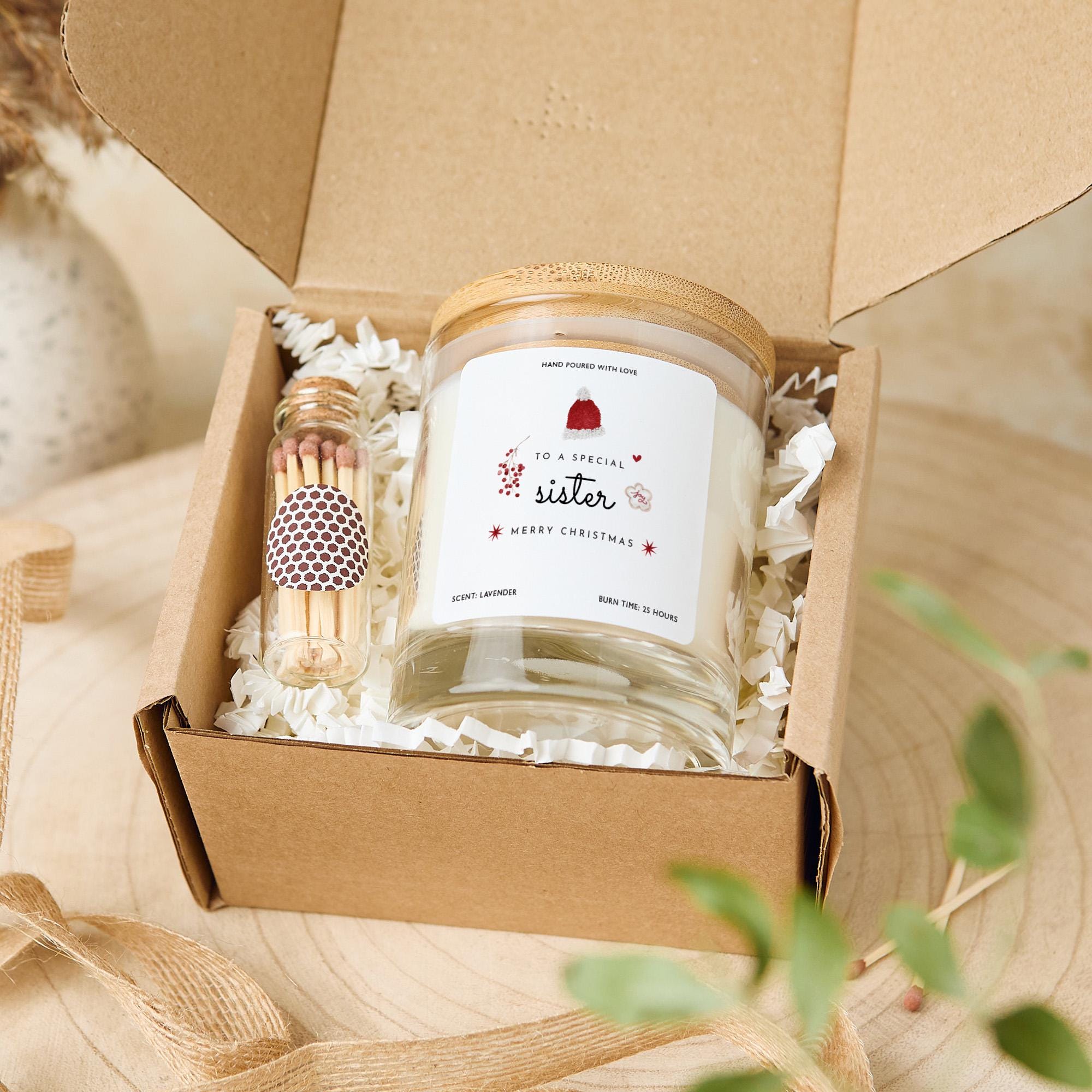 Christmas Gift for Sister Vegan Soy Wax Candle with Bamboo Lid Free Gift Package with Mini Matches Jar