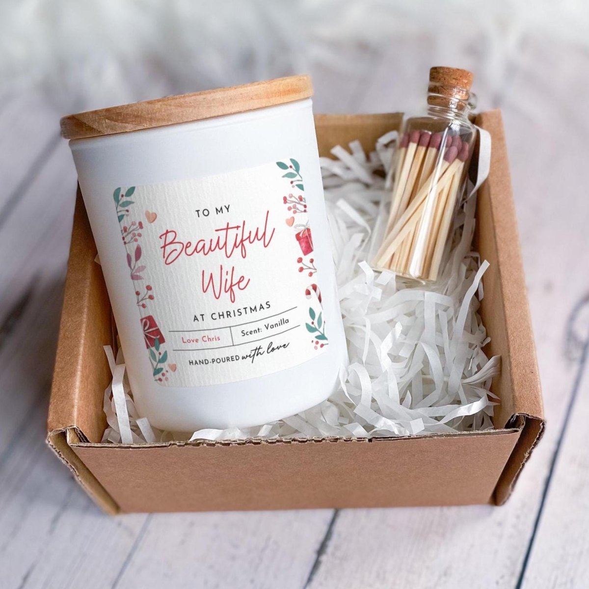 Christmas Gift for Wife – Personalised Vegan Soy Candle with Matches Jar