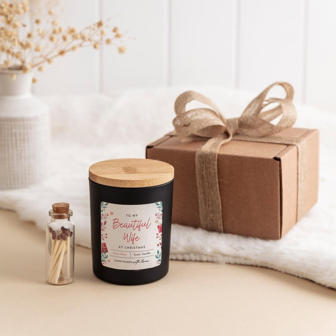 Christmas Gift for Wife – Personalised Vegan Soy Candle with Matches Jar