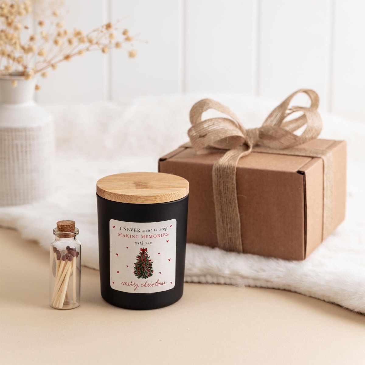 Christmas Soy Wax Candle Gift Set with Ribbon and Matches Jar
