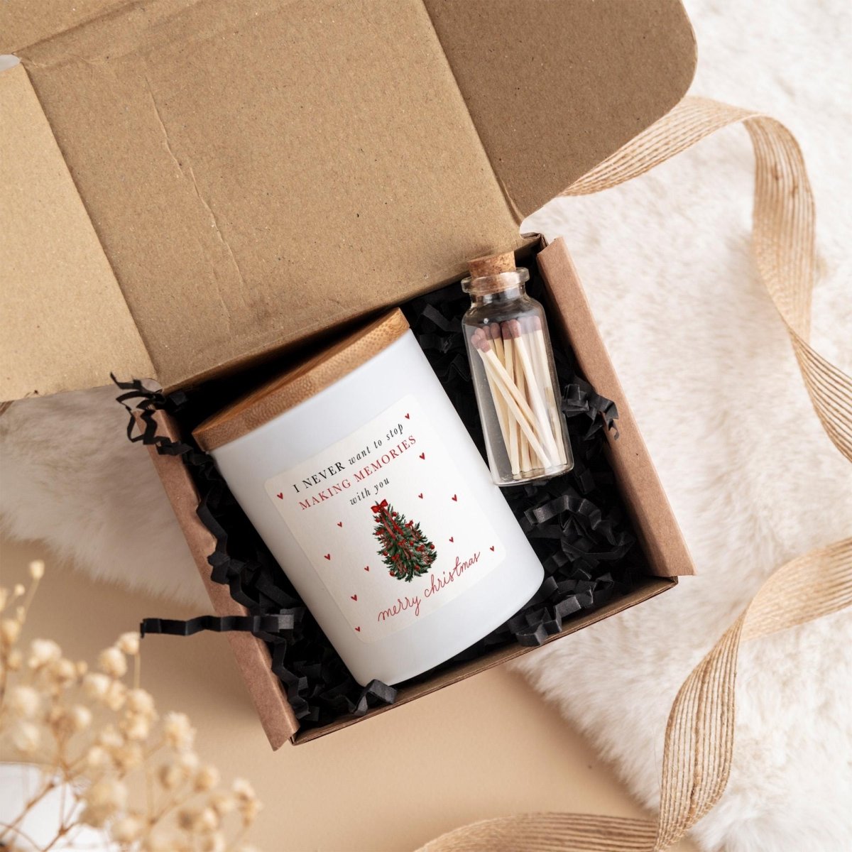 Christmas Soy Wax Candle Gift Set with Ribbon and Matches Jar