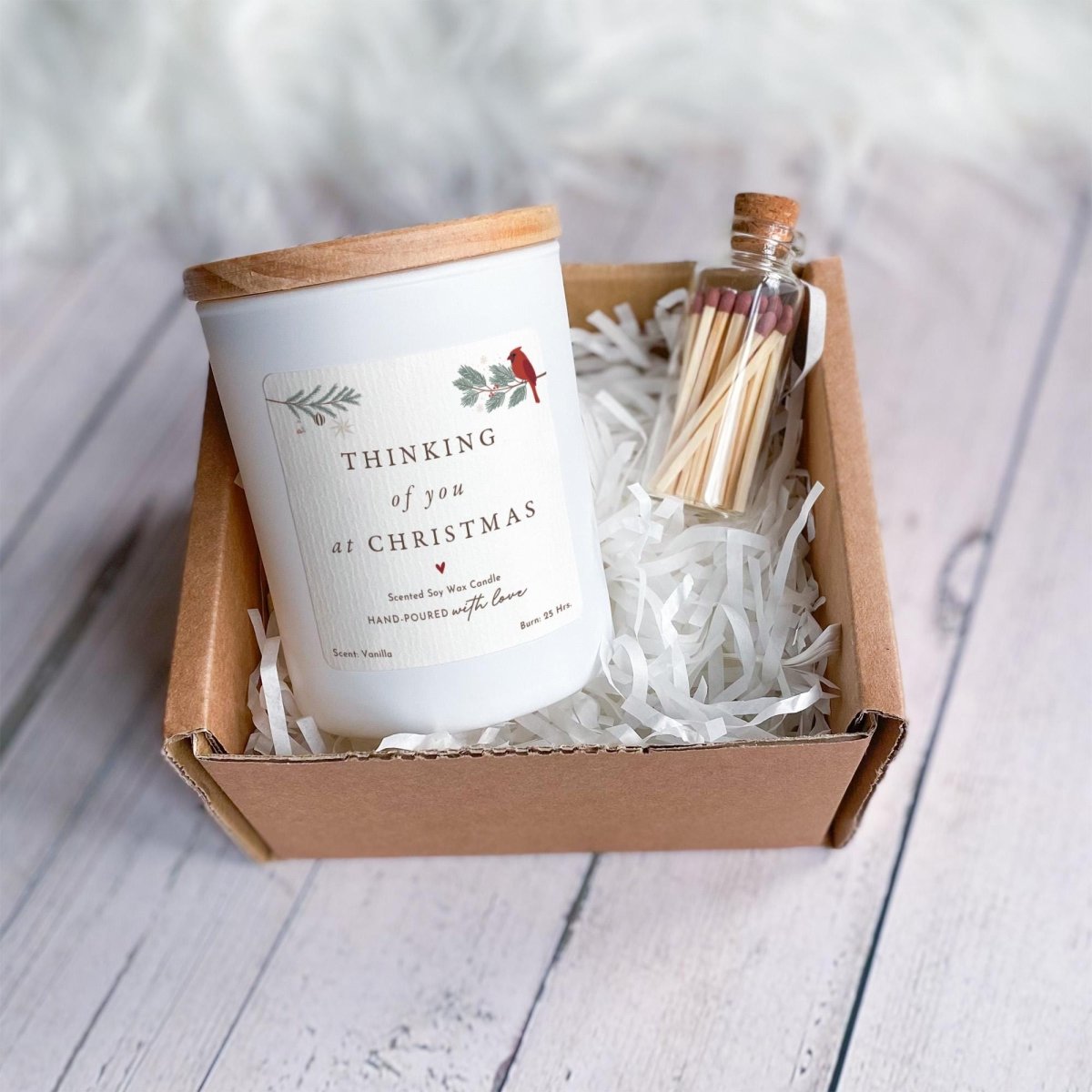 Christmas Sympathy Candle Gift Vegan Soy Wax - Thinking of You - Ribboned Box and Matches Jar
