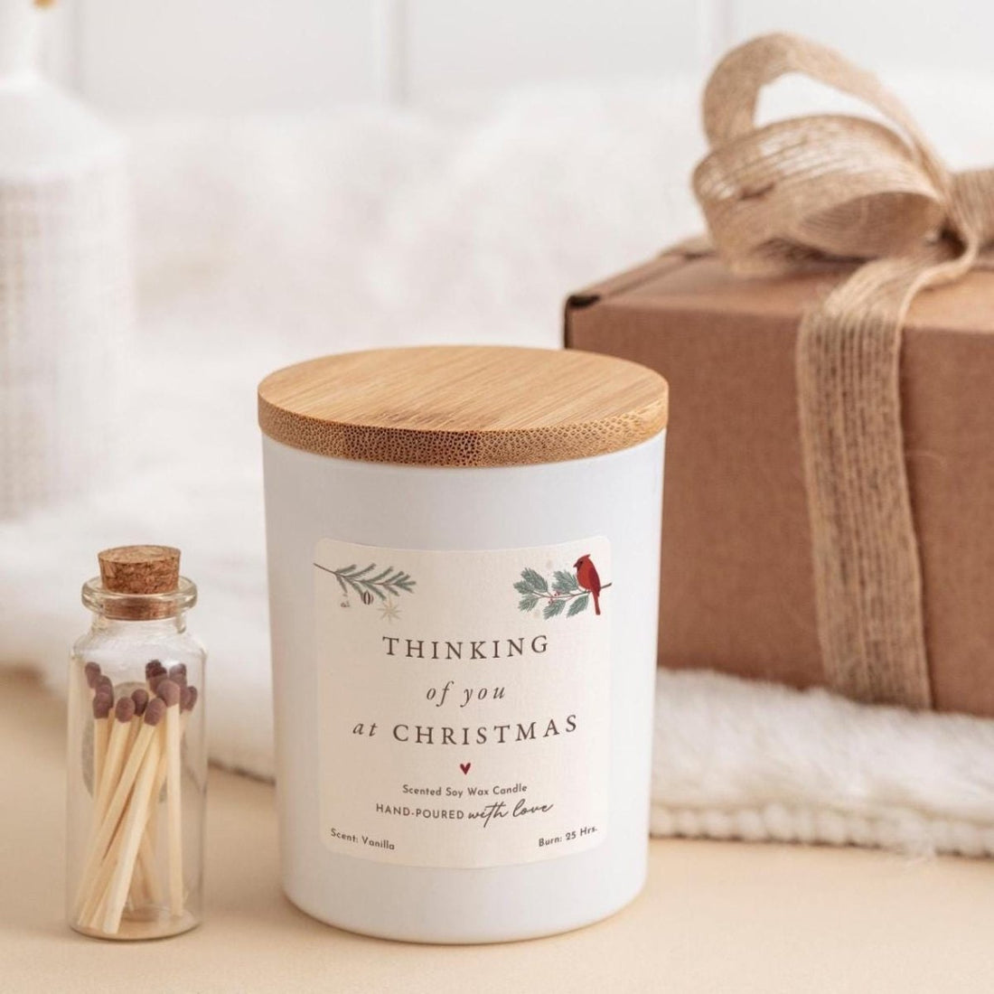 Christmas Sympathy Candle Gift Vegan Soy Wax - Thinking of You - Ribboned Box and Matches Jar