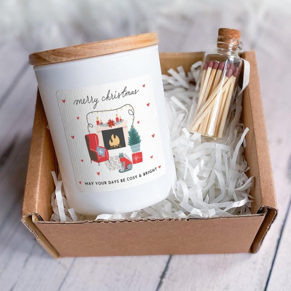 Cosy Christmas Soy Candle Gift Set Vegan Candle Gift for Her Him - Ribbon and Mathces Jar