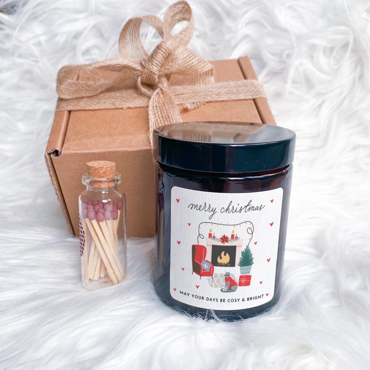 Cosy Christmas Soy Candle Gift Set Vegan Candle Gift for Her Him - Ribbon and Mathces Jar
