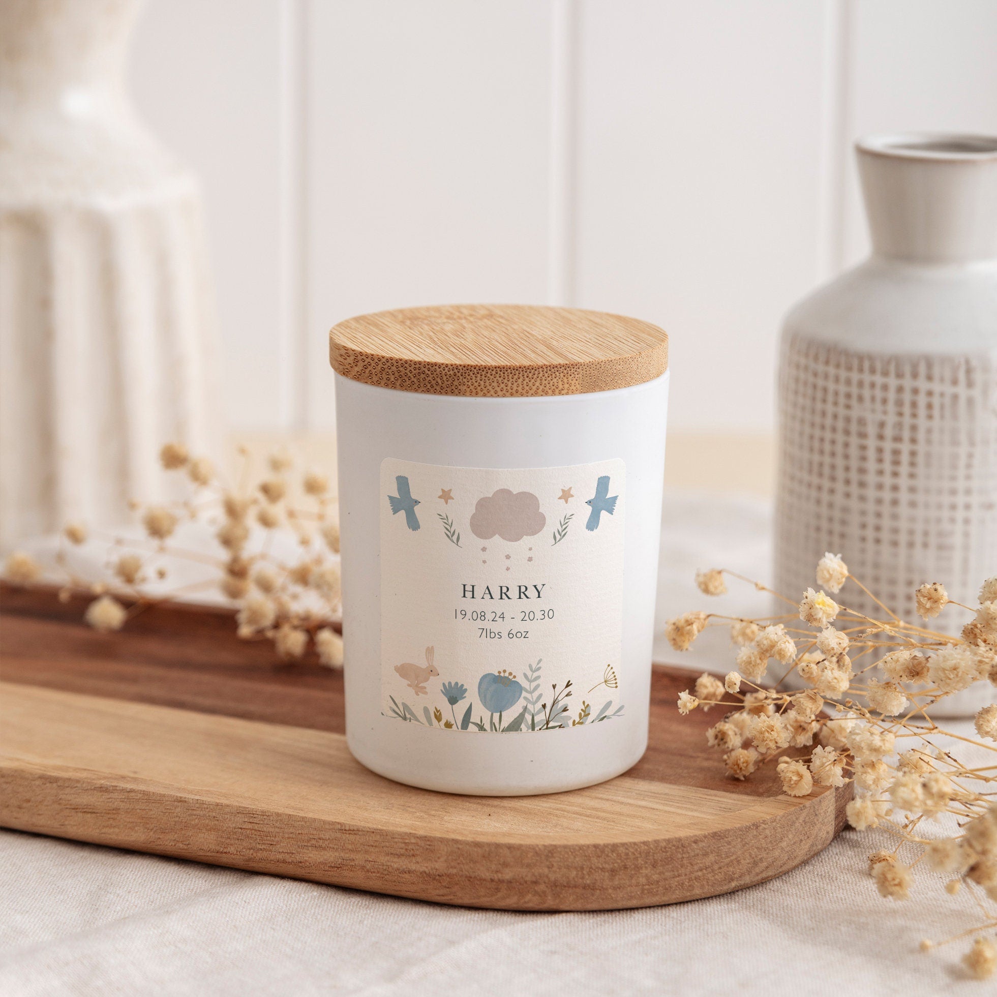 Cute personalised new baby candle Scented vegan candle gift with date time and weight baby boy girl New mum congratulations gift keepsake