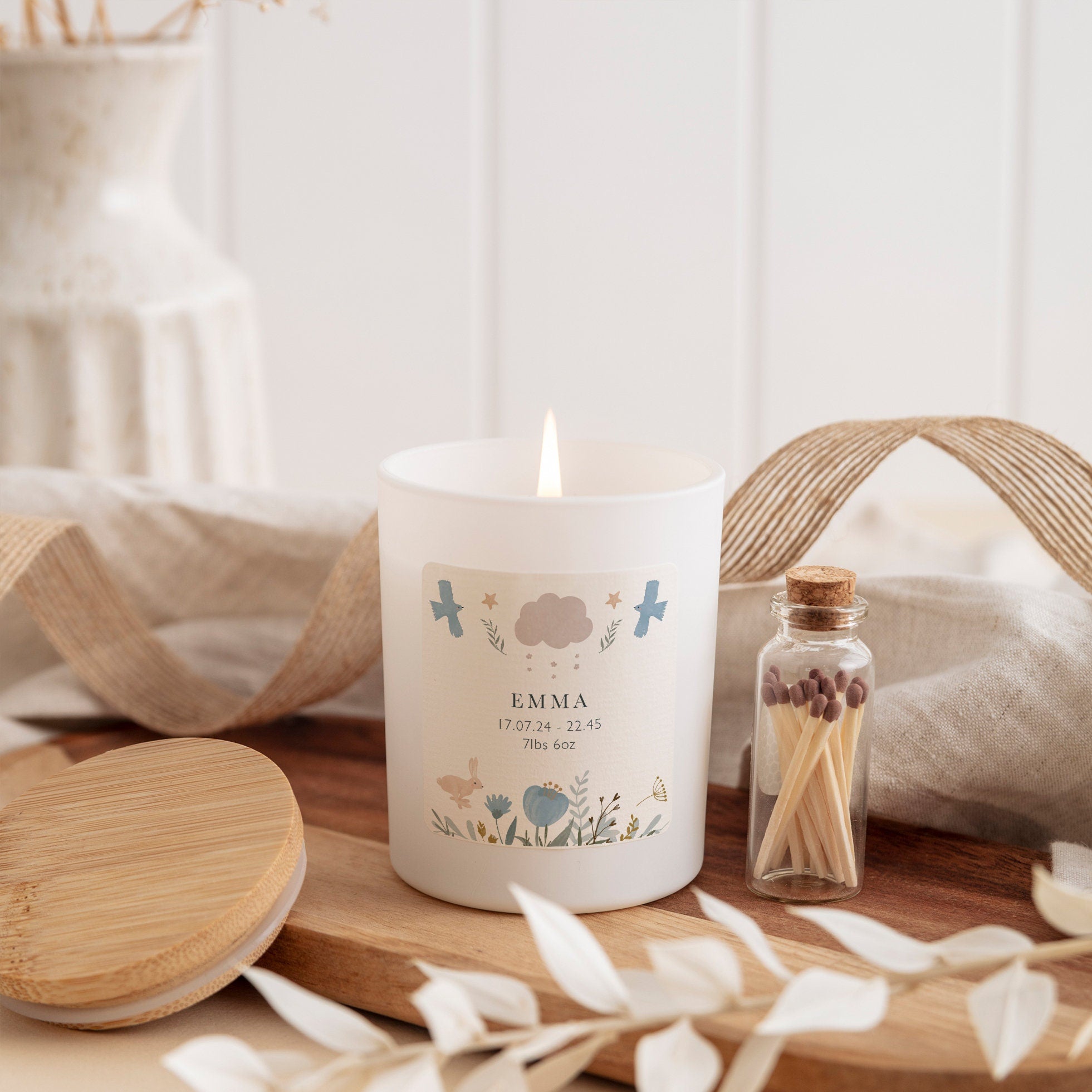 Cute personalised new baby candle Scented vegan candle gift with date time and weight baby boy girl New mum congratulations gift keepsake