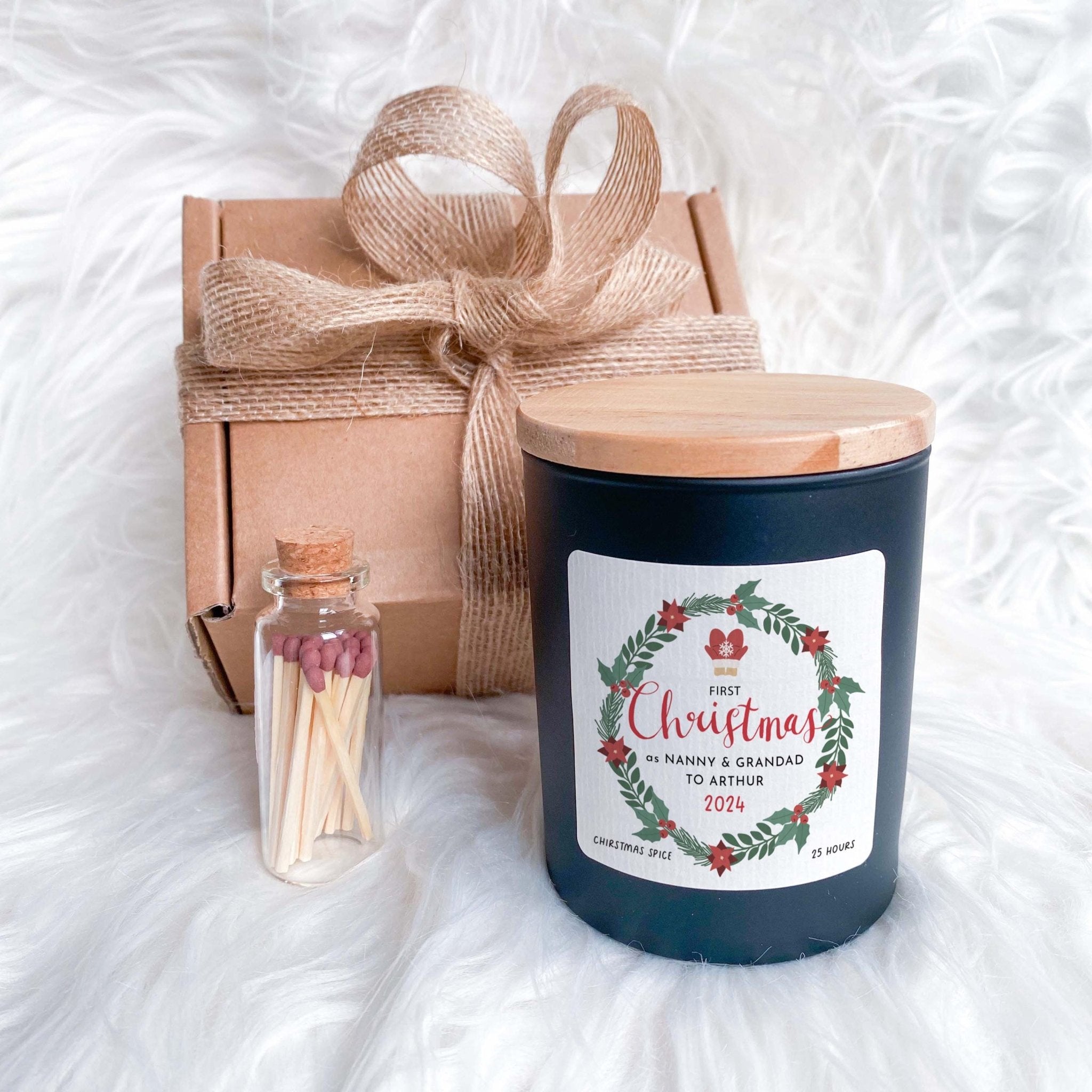 First Christmas as Grandparents Candle Gift 1st Xmas as Nanny & Grandad Vegan Soy Wax Free Gift Box and Mini Matches Jar