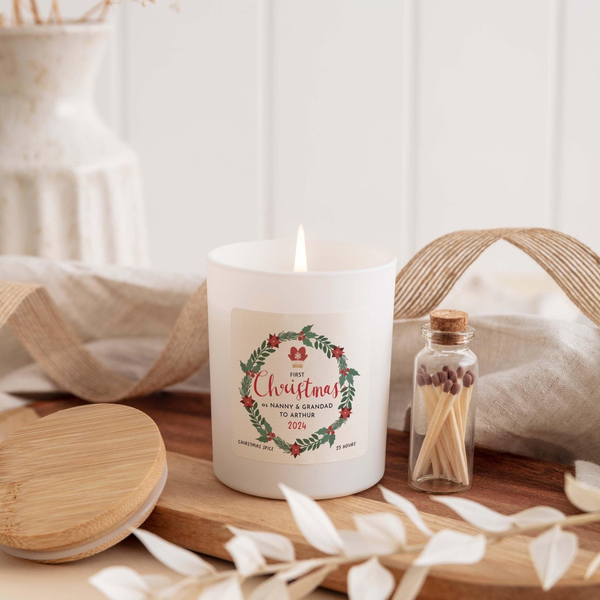 First Christmas as Grandparents Candle Gift 1st Xmas as Nanny & Grandad Vegan Soy Wax Free Gift Box and Mini Matches Jar