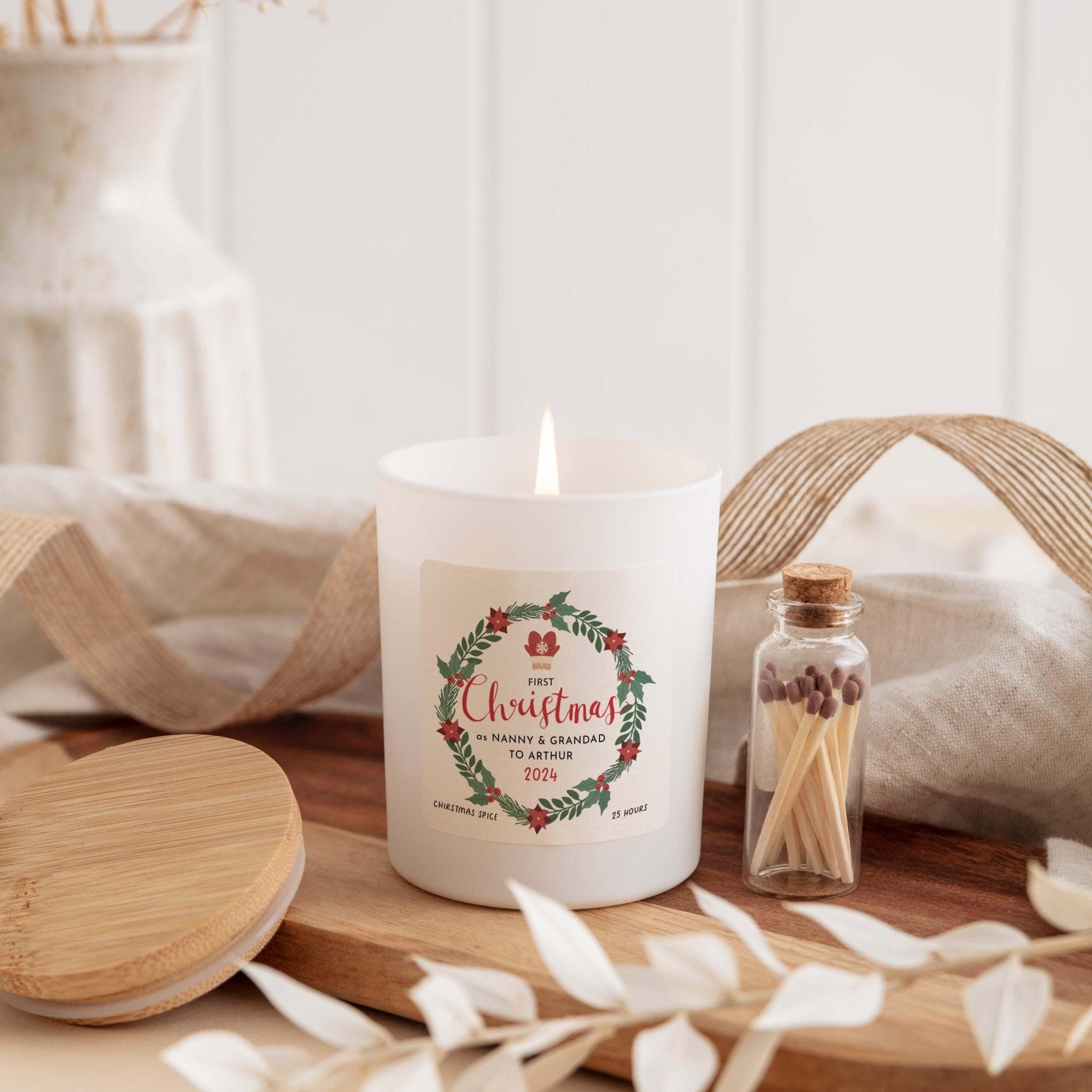 First Christmas as Grandparents Candle Gift 1st Xmas as Nanny & Grandad Vegan Soy Wax Free Gift Box and Mini Matches Jar