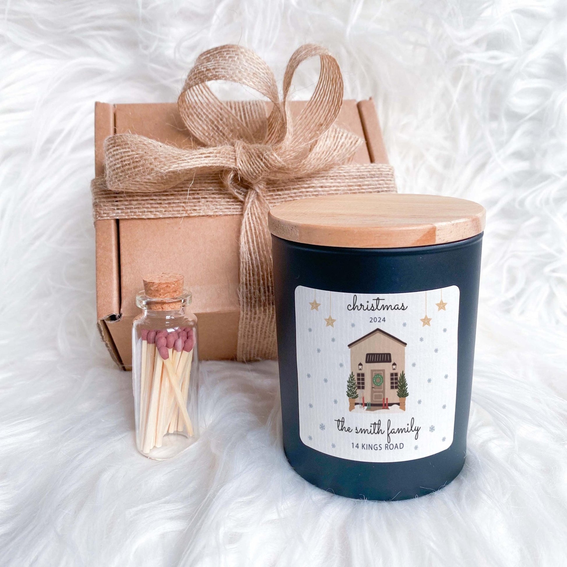 First Christmas at New Home Scented Candle Gift Set with Family Name and Address Gift for New Home Xmas Present Couple