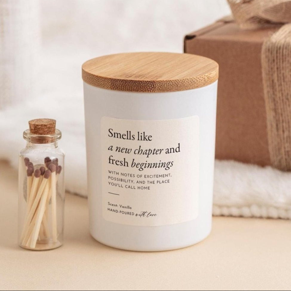 Fresh Beginnings Candle with Ribbon Tied Gift Box and Matches Jar, New Home Keepsake