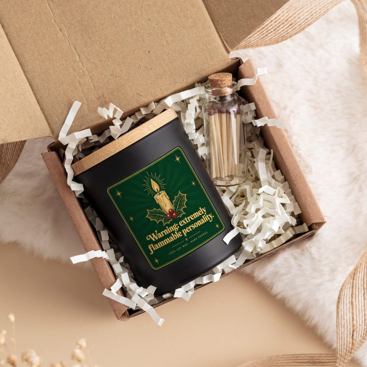 Funny Candle with Ribbon Tied Box and Matches Jar Cheeky Christmas Gift