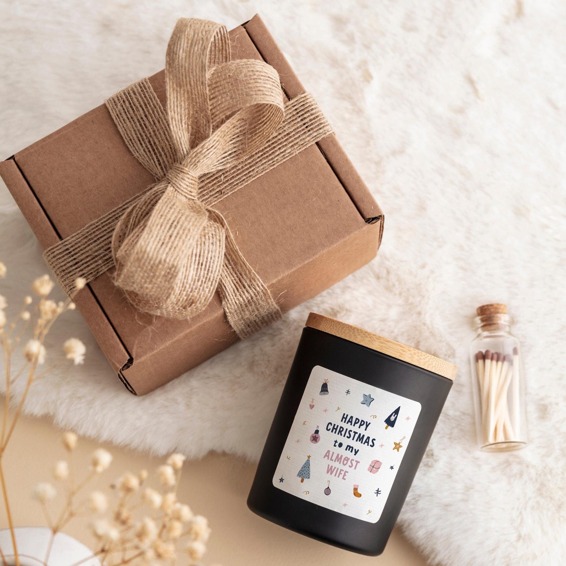 Funny Christmas Candle Gift for Fiancée Happy Holidays to My Almost Wife Engagement Present Vegan Soy Wax Candle Free Gift Box and Matches