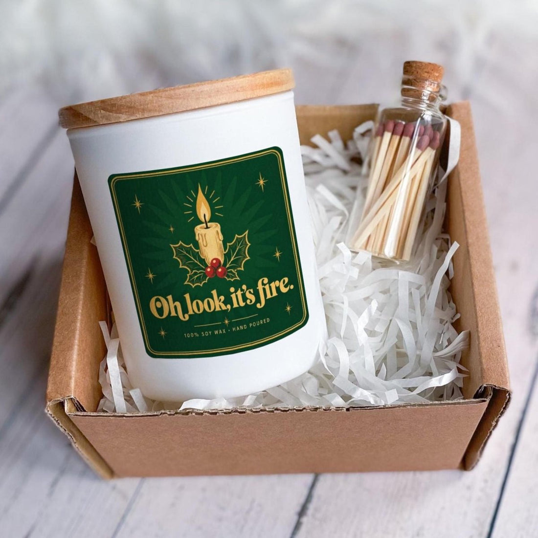 Funny Christmas Candle with Gift Box and Matches Jar, Oh Look It’s Fire, Secret Santa, Stocking Filler, Vegan Soy Wax