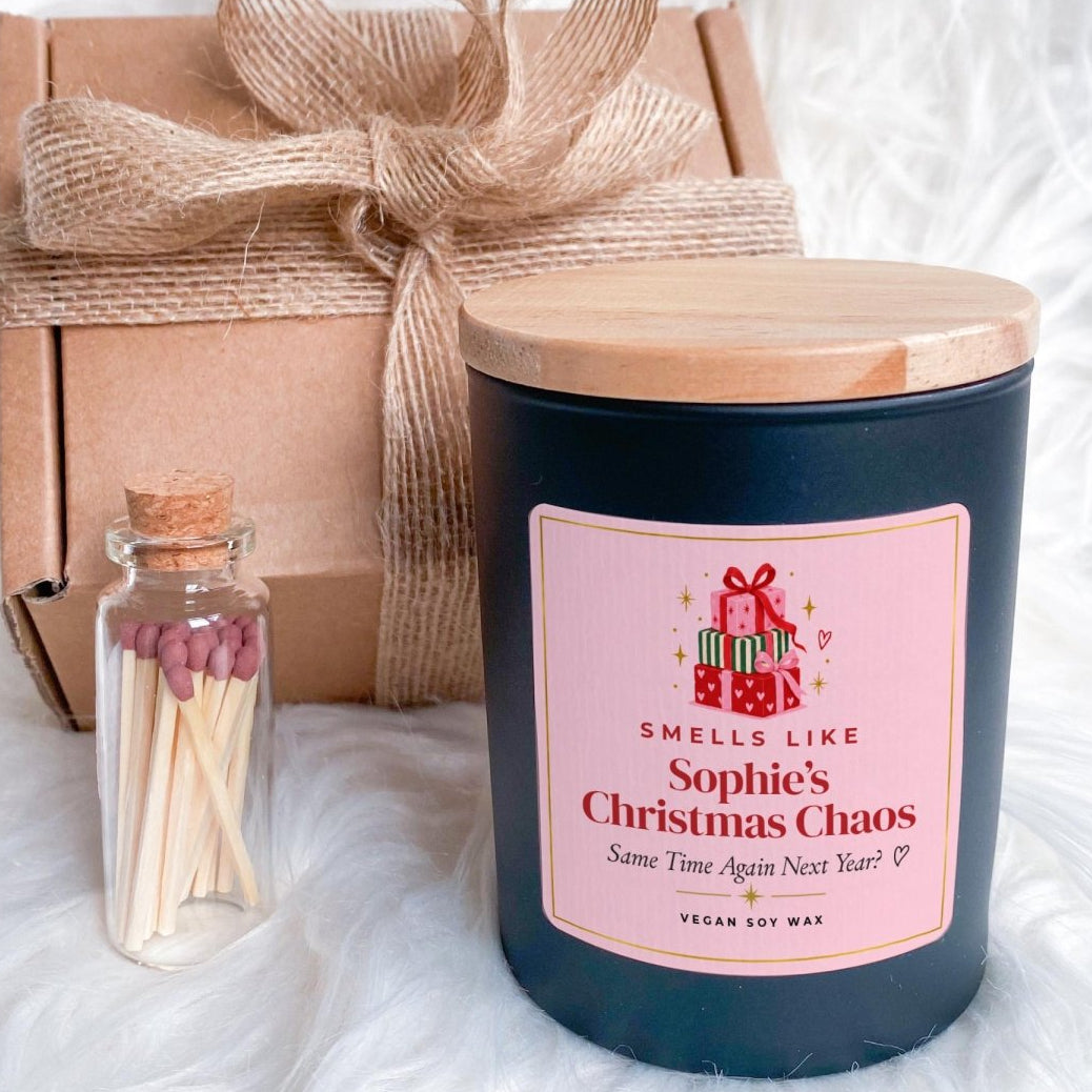 Funny Christmas Candle with Ribbon Tied Gift Box and Matches Jar