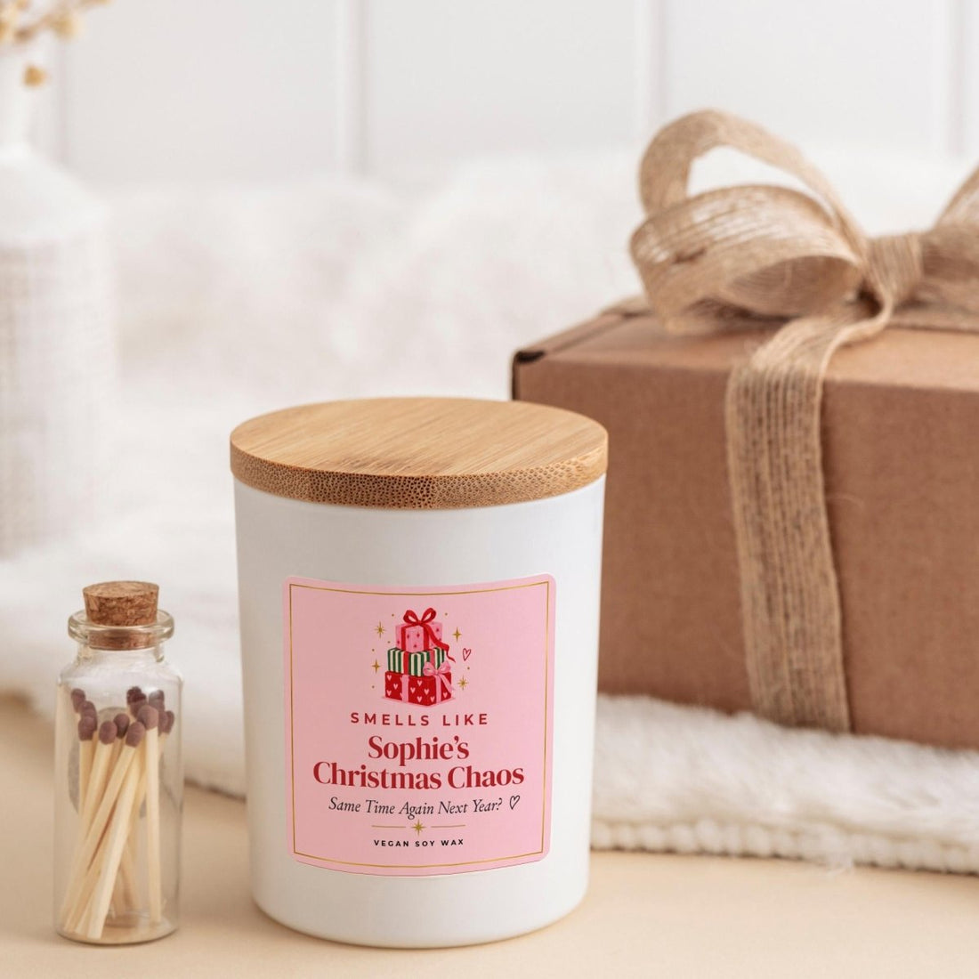 Funny Christmas Candle with Ribbon Tied Gift Box and Matches Jar