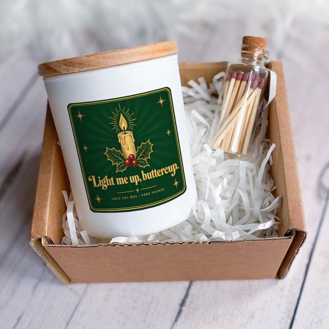 Funny Retro Style Christmas Candle with Ribbon Tied Gift Box and Matches Jar