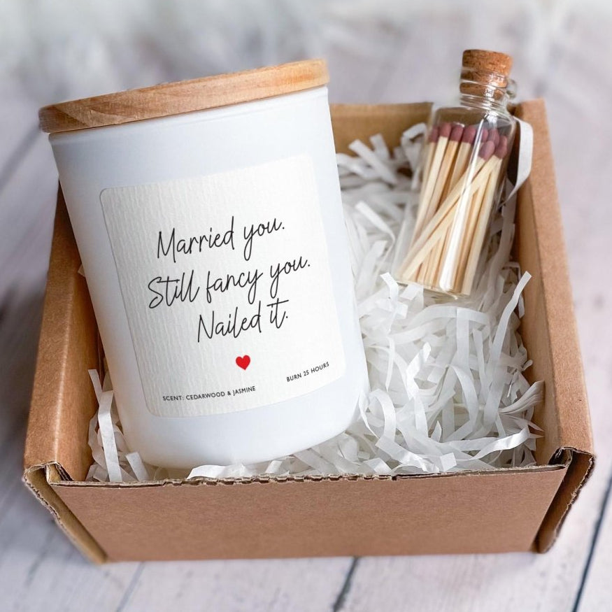 Gift for Wife - Married, Still Smitten Candle Gift – Funny Romantic Home Decor Present
