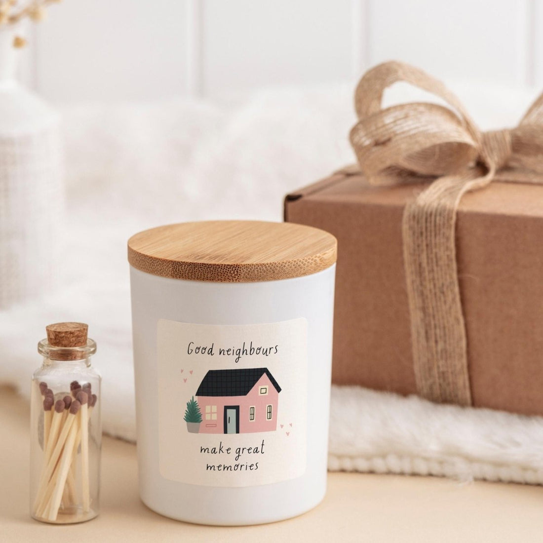 Good Neighbours Vegan Soy Wax Candle Gift Set with Ribboned Box and Matches Jar
