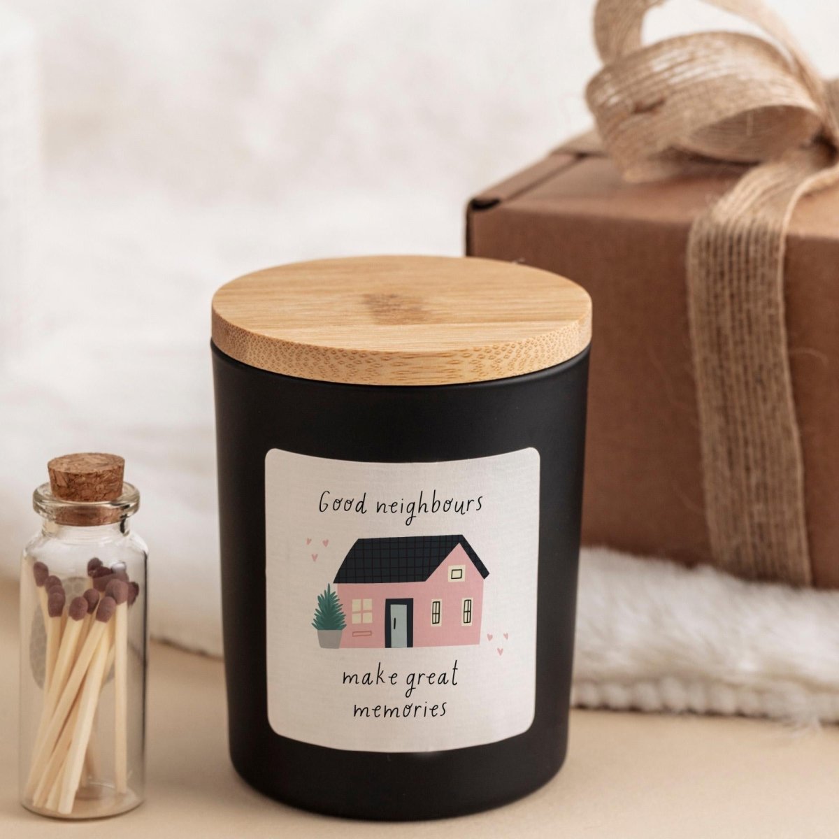 Good Neighbours Vegan Soy Wax Candle Gift Set with Ribboned Box and Matches Jar