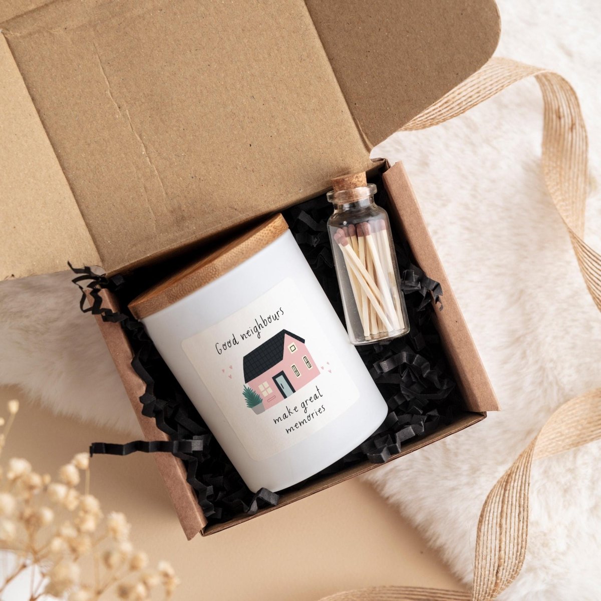 Good Neighbours Vegan Soy Wax Candle Gift Set with Ribboned Box and Matches Jar