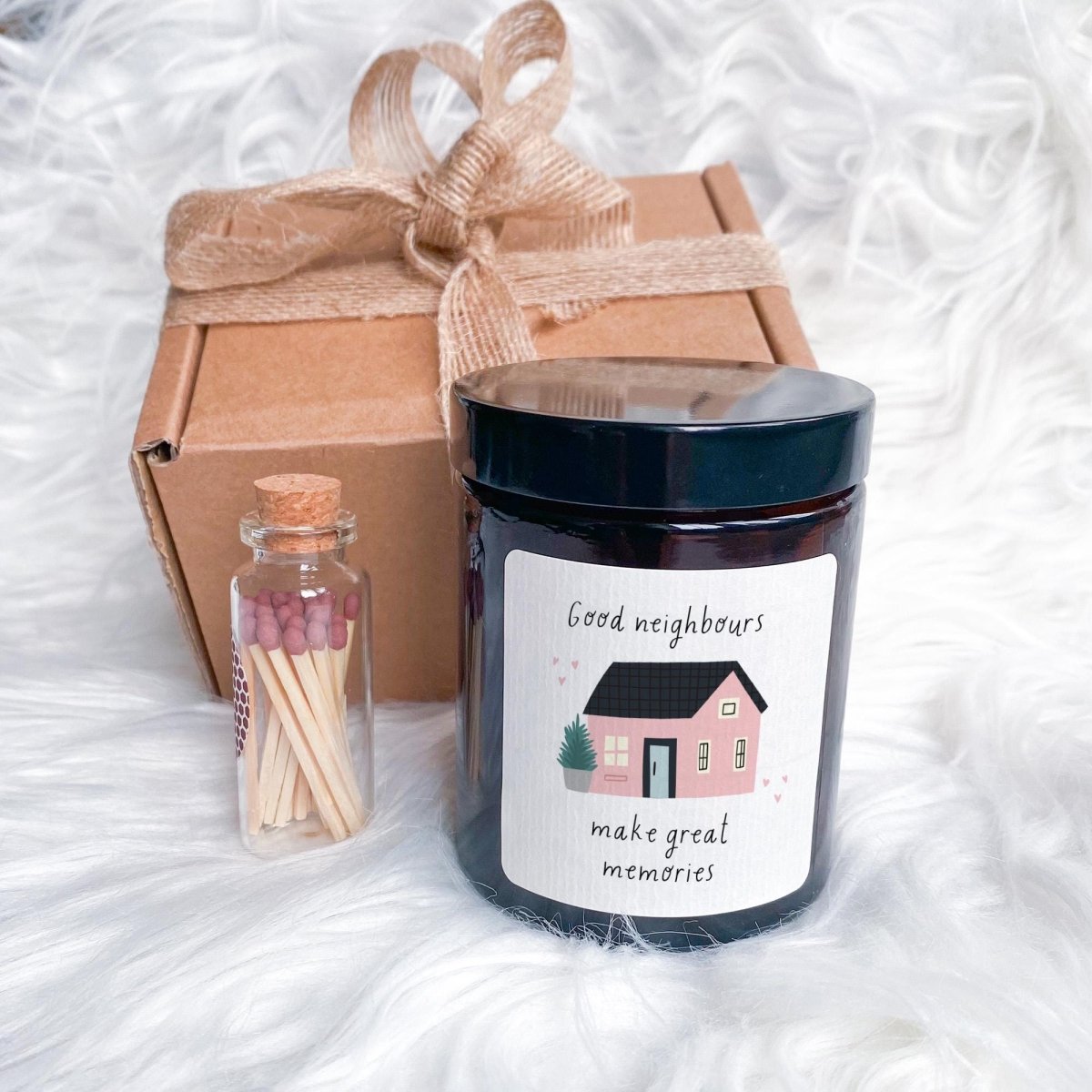 Good Neighbours Vegan Soy Wax Candle Gift Set with Ribboned Box and Matches Jar