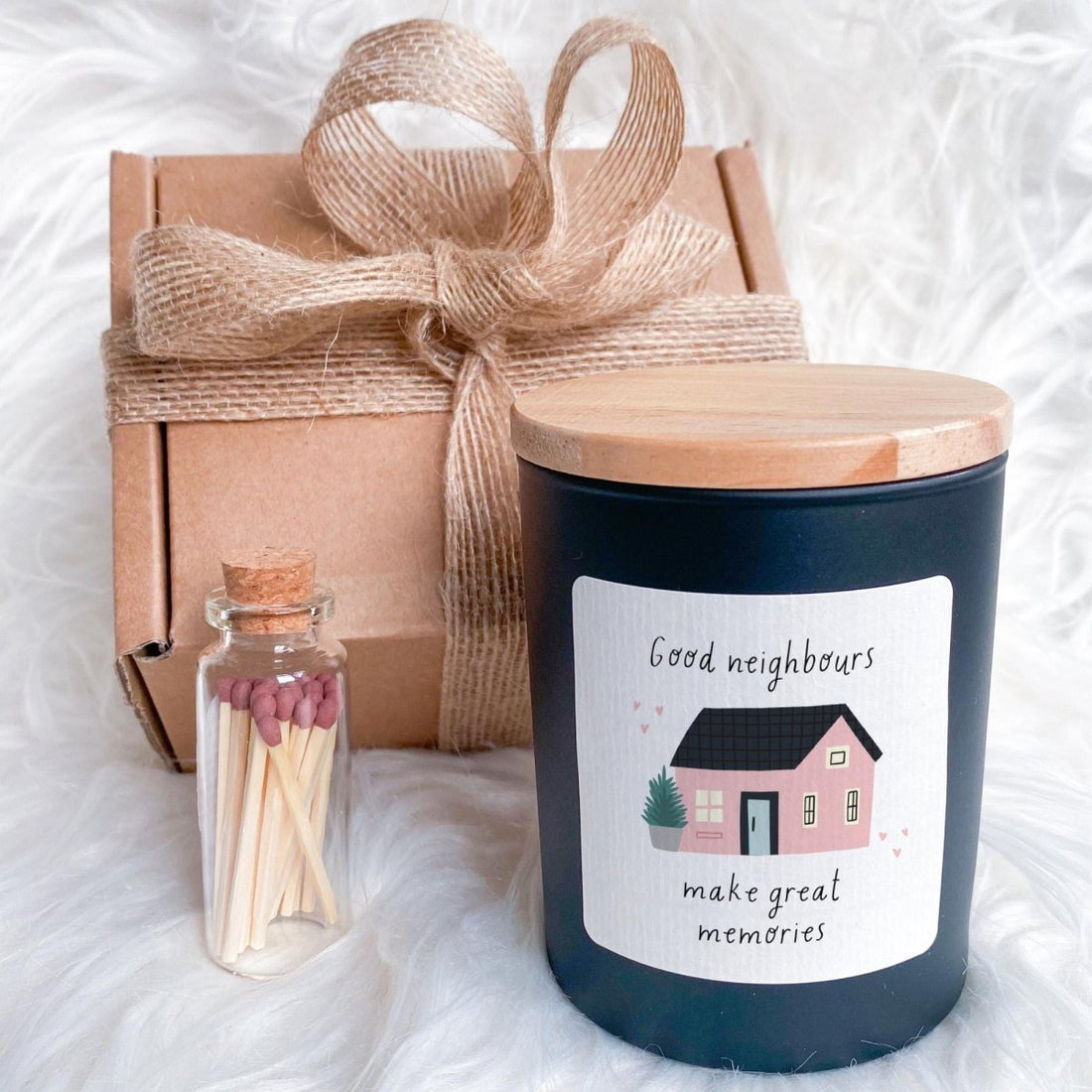 Good Neighbours Vegan Soy Wax Candle Gift Set with Ribboned Box and Matches Jar