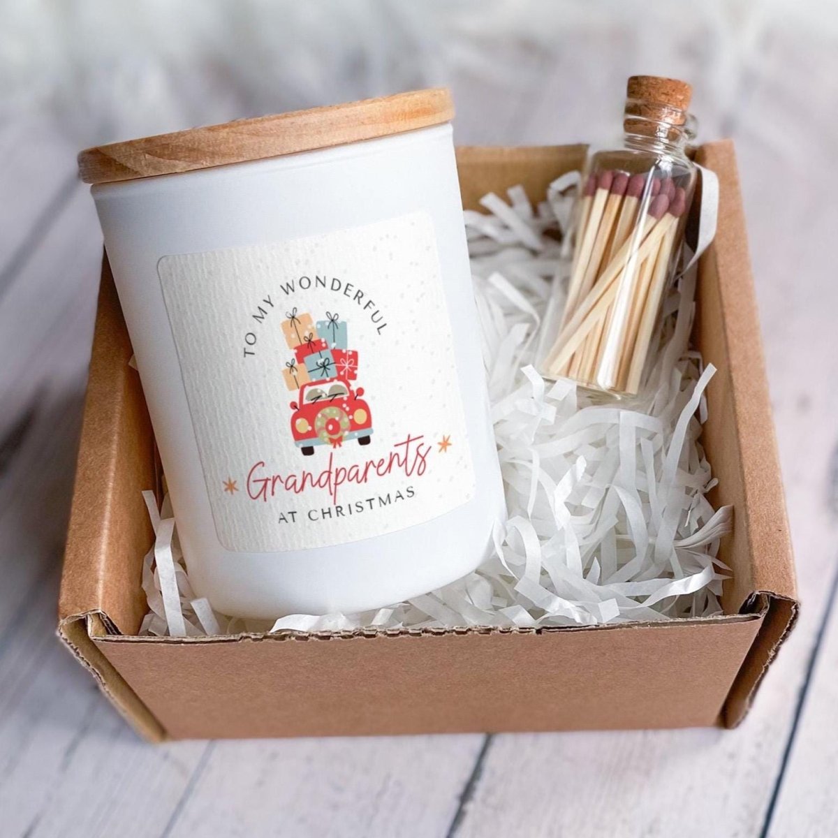 Grandparents Christmas Soy Candle Gift Set with Ribbon and Matches Jar